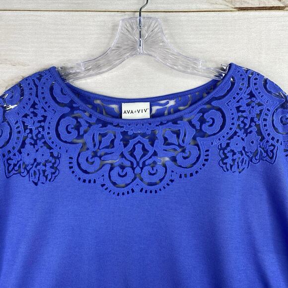 Ava & Viv Top Womens 1X Blue Embroidered Burnout Cap Short Sleeve Boho Stretch - Picture 2 of 7